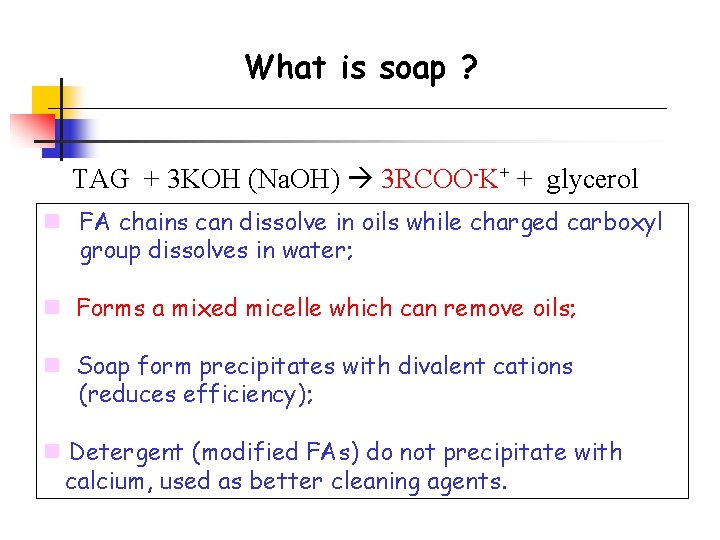 What is soap ? TAG + 3 KOH (Na. OH) 3 RCOO-K+ + glycerol