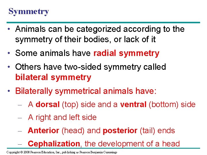 Symmetry • Animals can be categorized according to the symmetry of their bodies, or Symmetry • Animals can be categorized according to the symmetry of their bodies, or