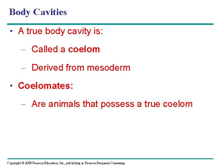 Body Cavities • A true body cavity is: – Called a coelom – Derived Body Cavities • A true body cavity is: – Called a coelom – Derived