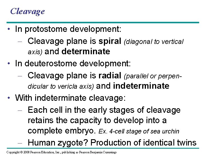 Cleavage • In protostome development: – Cleavage plane is spiral (diagonal to vertical axis) Cleavage • In protostome development: – Cleavage plane is spiral (diagonal to vertical axis)
