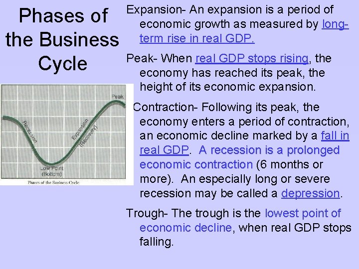 Phases of the Business Cycle Expansion- An expansion is a period of economic growth