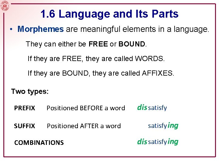 1. 6 Language and Its Parts • Morphemes are meaningful elements in a language.