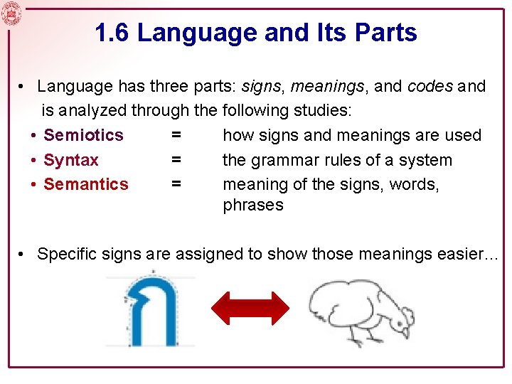 1. 6 Language and Its Parts • Language has three parts: signs, meanings, and