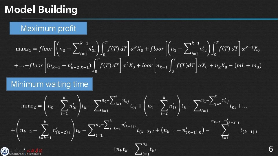 Model Building Maximum profit Minimum waiting time 6 
