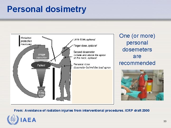 Personal dosimetry One (or more) personal dosemeters are recommended From: Avoidance of radiation injuries