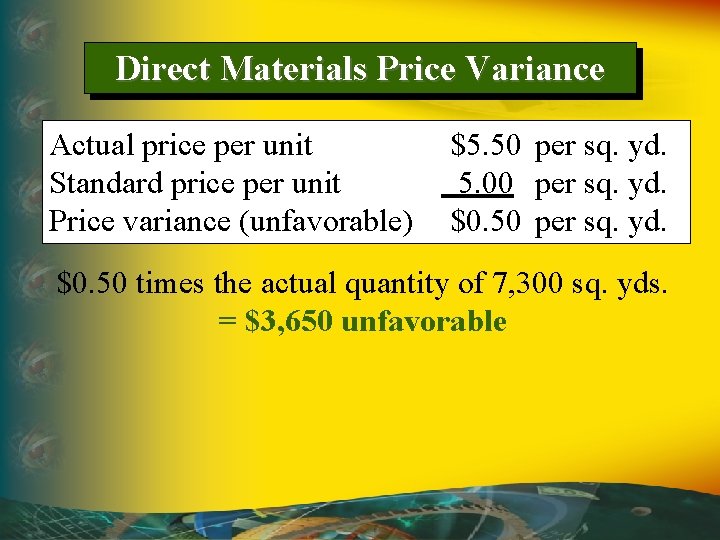 Direct Materials Price Variance Actual price per unit Standard price per unit Price variance Direct Materials Price Variance Actual price per unit Standard price per unit Price variance