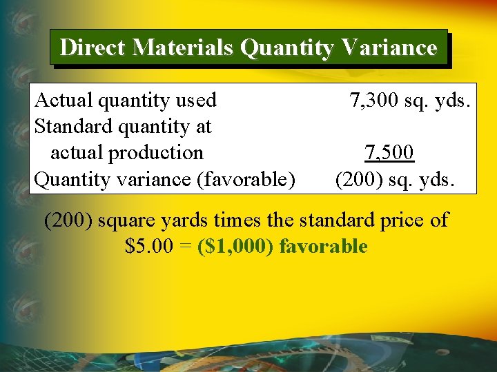 Direct Materials Quantity Variance Actual quantity used Standard quantity at actual production Quantity variance Direct Materials Quantity Variance Actual quantity used Standard quantity at actual production Quantity variance