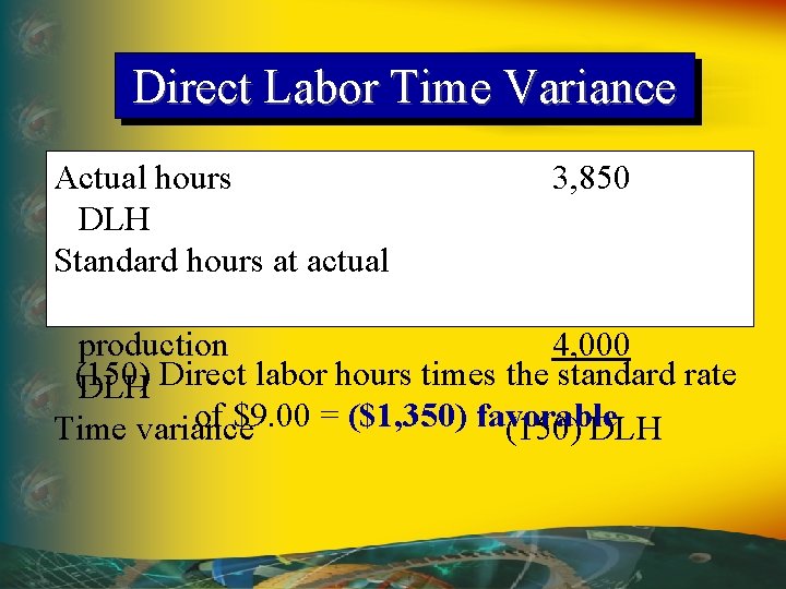 Direct Labor Time Variance Actual hours DLH Standard hours at actual 3, 850 production Direct Labor Time Variance Actual hours DLH Standard hours at actual 3, 850 production