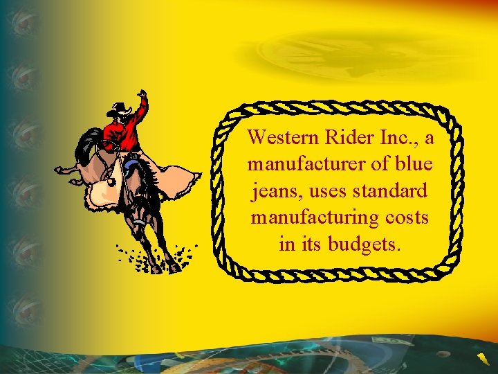 Western Rider Inc. , a manufacturer of blue jeans, uses standard manufacturing costs in Western Rider Inc. , a manufacturer of blue jeans, uses standard manufacturing costs in