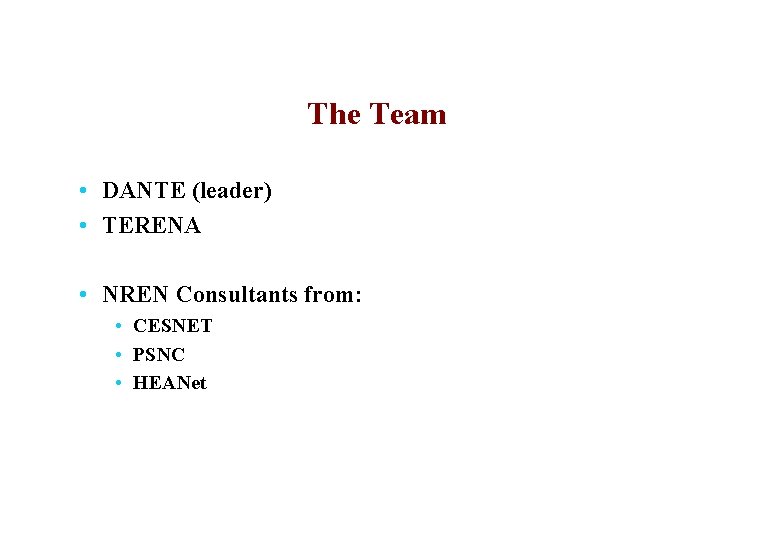 The Team • DANTE (leader) • TERENA • NREN Consultants from: • CESNET •
