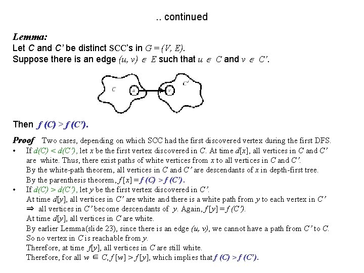 . . continued Lemma: Let C and C’ be distinct SCC’s in G =