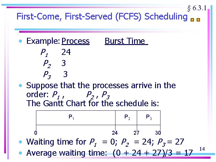 § 6. 3. 1 First-Come, First-Served (FCFS) Scheduling • Example: Process Burst Time P