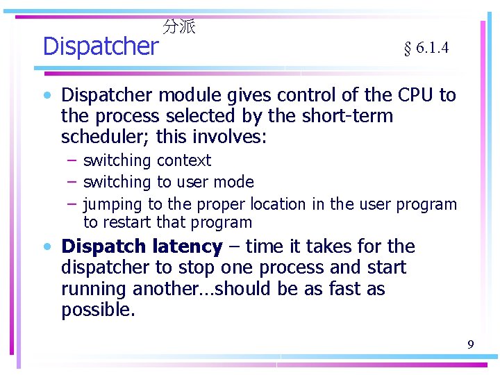 Dispatcher 分派 § 6. 1. 4 • Dispatcher module gives control of the CPU