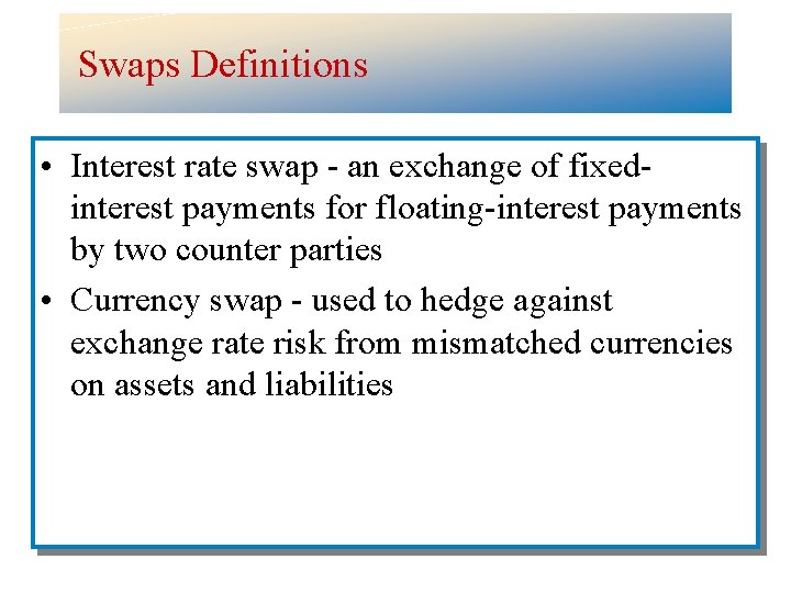 Swaps Definitions • Interest rate swap - an exchange of fixedinterest payments for floating-interest