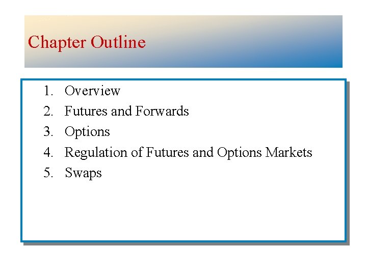 Chapter Outline 1. 2. 3. 4. 5. Overview Futures and Forwards Options Regulation of