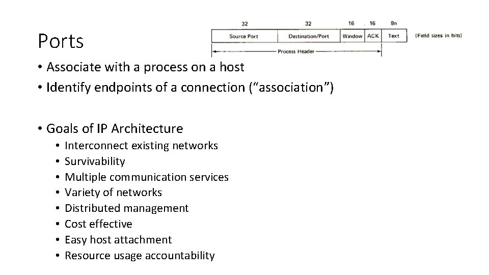 Ports • Associate with a process on a host • Identify endpoints of a