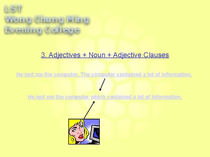 3. Adjectives + Noun + Adjective Clauses He lent me the computer. The computer