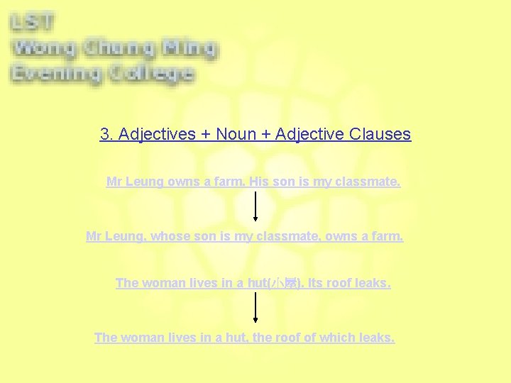 3. Adjectives + Noun + Adjective Clauses Mr Leung owns a farm. His son