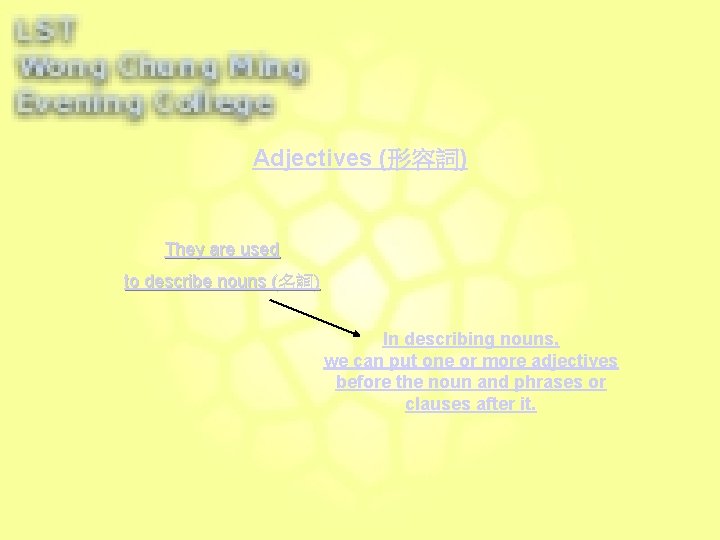 Adjectives (形容詞) They are used to describe nouns (名詞) In describing nouns, we can