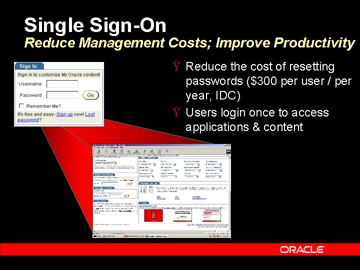 Single Sign-On Reduce Management Costs; Improve Productivity Ÿ Reduce the cost of resetting passwords