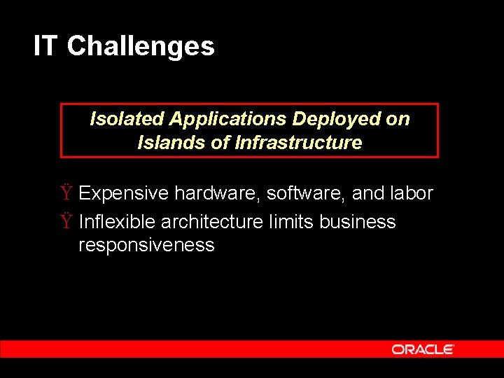 IT Challenges Isolated Applications Deployed on Islands of Infrastructure Ÿ Expensive hardware, software, and