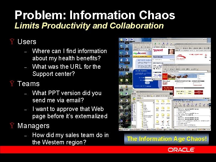 Problem: Information Chaos Limits Productivity and Collaboration Ÿ Users – – Where can I