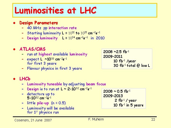 Luminosities at LHC l Design Parameters – 40 MHz pp interaction rate – Starting Luminosities at LHC l Design Parameters – 40 MHz pp interaction rate – Starting