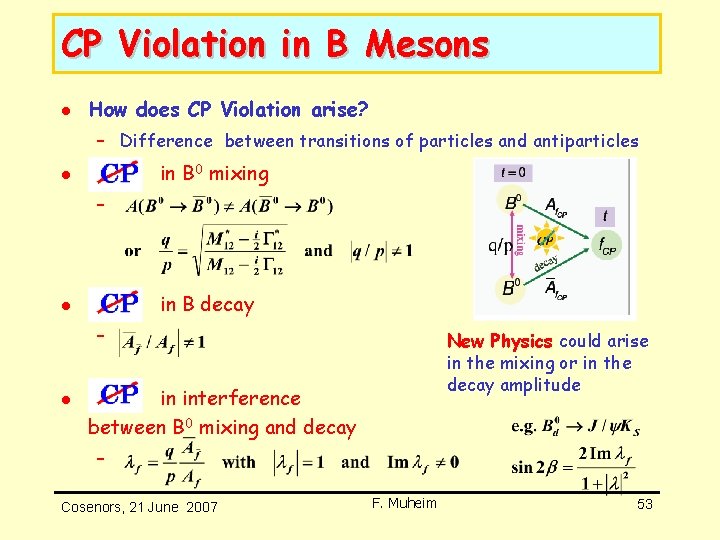 CP Violation in B Mesons l How does CP Violation arise? – Difference between CP Violation in B Mesons l How does CP Violation arise? – Difference between