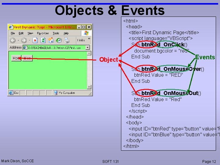 Objects & Events Object <html> <head> <title>First Dynamic Page</title> <script language="VBScript"> Sub btn. Red_On.