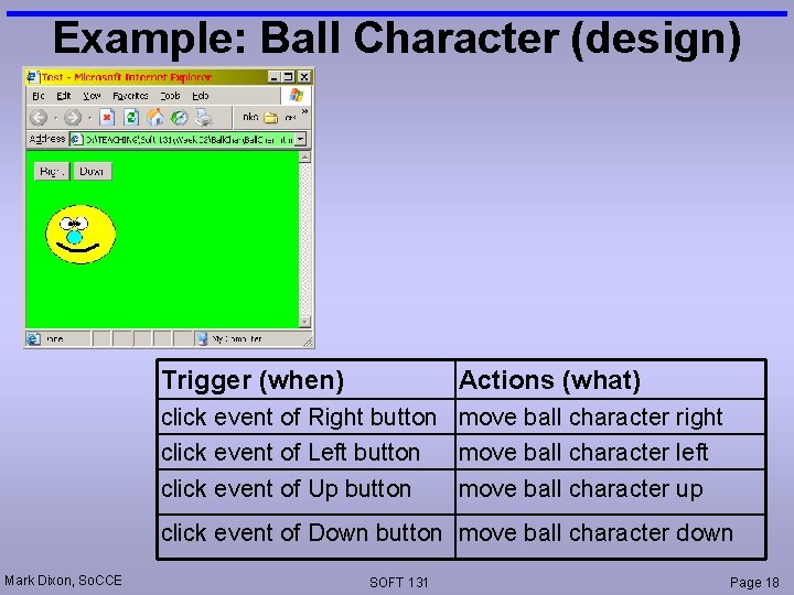 Example: Ball Character (design) Trigger (when) Actions (what) click event of Right button move