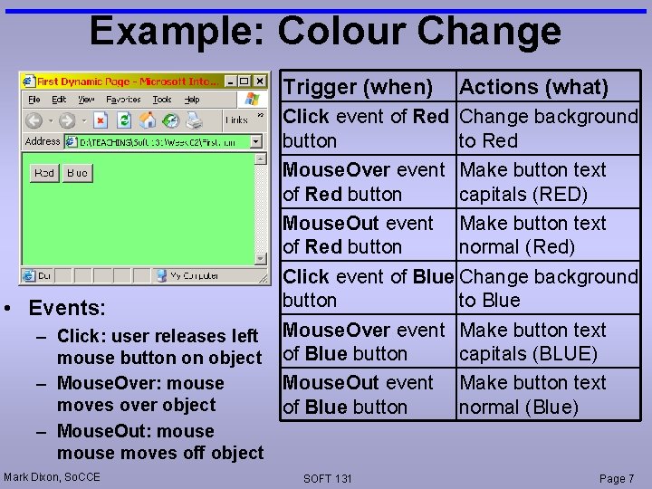 Example: Colour Change Trigger (when) • Events: – Click: user releases left mouse button