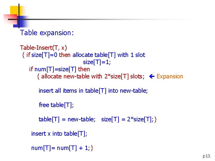 Table expansion: Table-Insert(T, x) { if size[T]=0 then allocate table[T] with 1 slot size[T]=1;