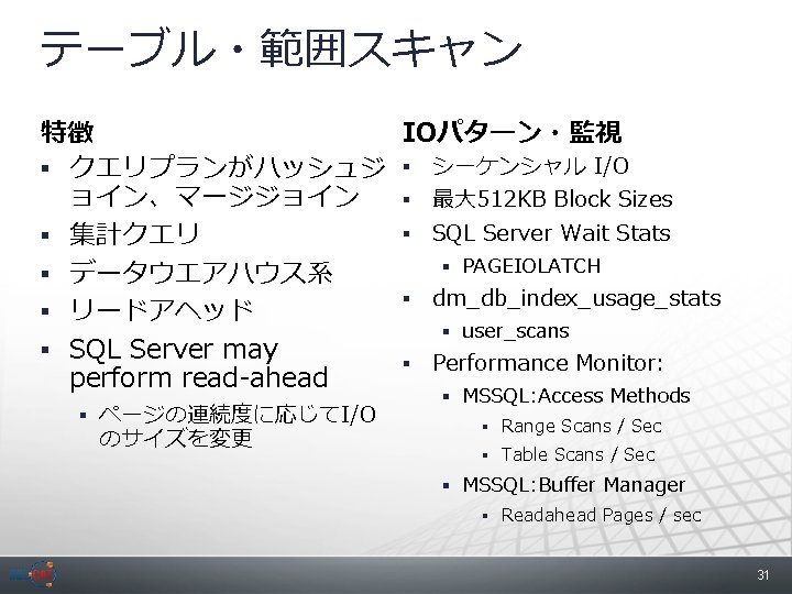テーブル・範囲スキャン 特徴 IOパターン・監視 § クエリプランがハッシュジ § シーケンシャル I/O ョイン、マージジョイン § 最大 512 KB Block