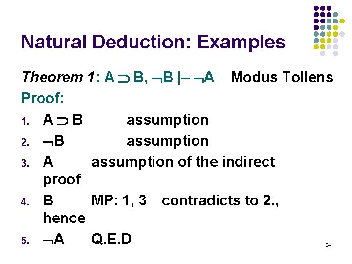 Natural Deduction: Examples Theorem 1: A B, B |– A Modus Tollens Proof: 1.