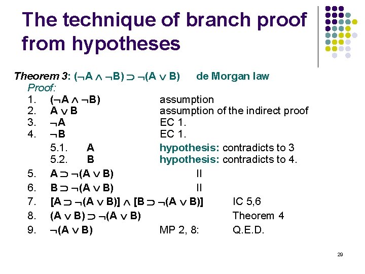 The technique of branch proof from hypotheses Theorem 3: ( A B) (A B)