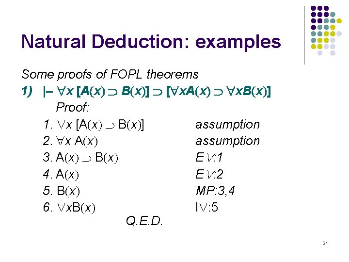 Natural Deduction: examples Some proofs of FOPL theorems 1) |– x [A x B
