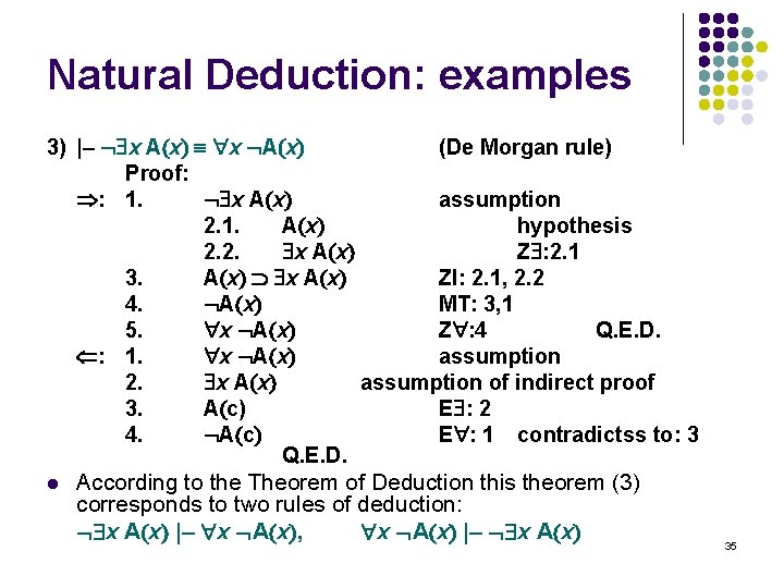 Natural Deduction: examples 3) |– x A x (De Morgan rule) Proof: : 1.