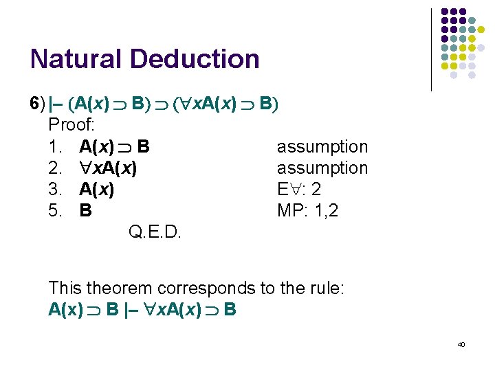 Natural Deduction 6) |– A(x) B x. A(x) B Proof: 1. A(x) B assumption