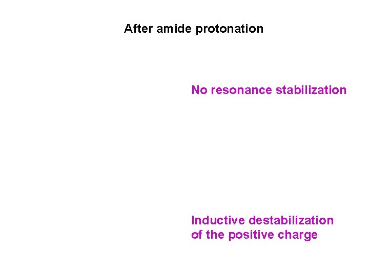 After amide protonation No resonance stabilization Inductive destabilization of the positive charge 