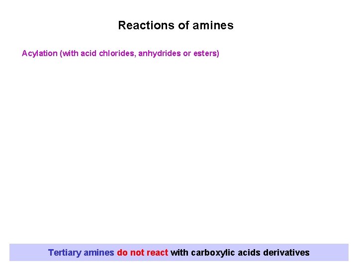 Reactions of amines Acylation (with acid chlorides, anhydrides or esters) Tertiary amines do not