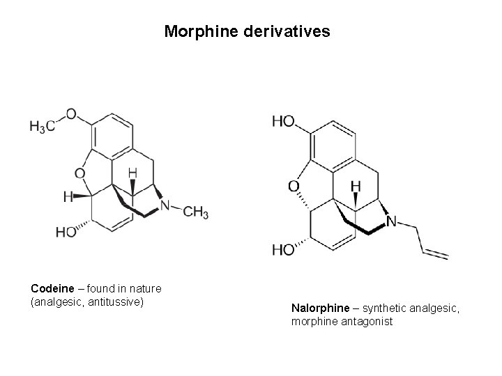 Morphine derivatives Codeine – found in nature (analgesic, antitussive) Nalorphine – synthetic analgesic, morphine