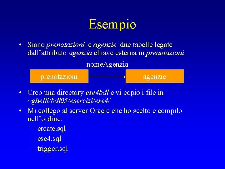 Esempio • Siano prenotazioni e agenzie due tabelle legate dall’attributo agenzia chiave esterna in