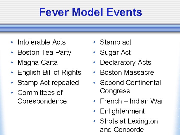 Fever Model Events • • • Intolerable Acts Boston Tea Party Magna Carta English