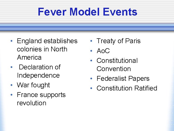 Fever Model Events • England establishes colonies in North America • Declaration of Independence