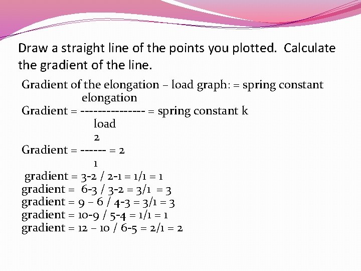 Draw a straight line of the points you plotted. Calculate the gradient of the