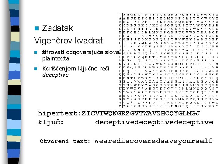 Zadatak Vigenèrov kvadrat n n šifrovati odgovarajuća slova plaintexta n Korišćenjem ključne reči deceptive