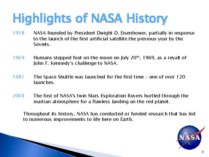 Highlights of NASA History 1958 NASA founded by President Dwight D. Eisenhower, partially in