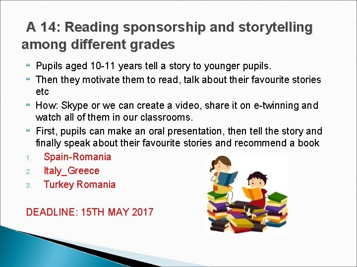 A 14: Reading sponsorship and storytelling among different grades 1. 2. 3. Pupils aged