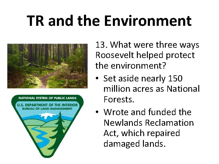 TR and the Environment 13. What were three ways Roosevelt helped protect the environment?