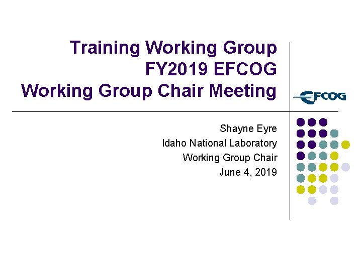 Training Working Group FY 2019 EFCOG Working Group Chair Meeting Shayne Eyre Idaho National